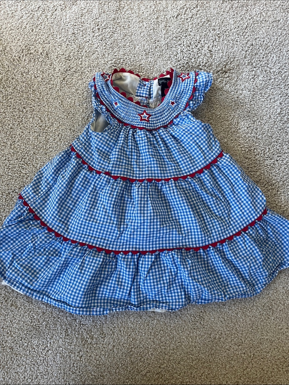 Cynthia Rowley Blue Gingham Tiered Dress with Red Trim